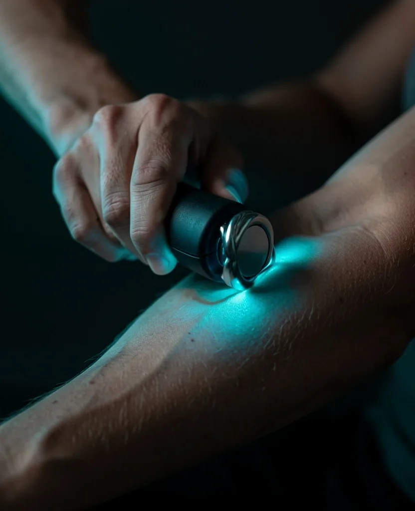 Using a muscle massage roller on forearm