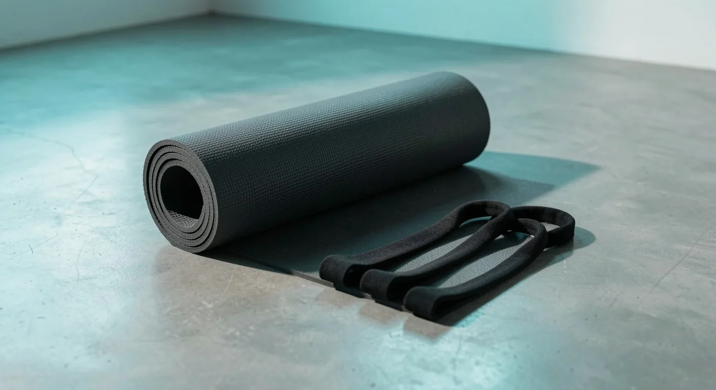 Yoga mat and resistance bands in studio lighting