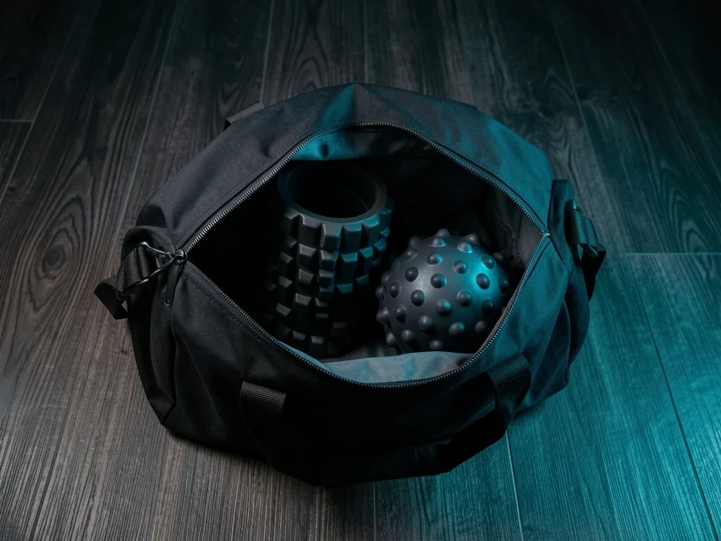 Portable MFR tools packed in a gym bag